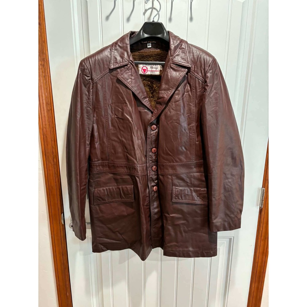 Vintage Sears The Leather Shop Argentina Brown Leather Car Coat Fur Lining 46 L